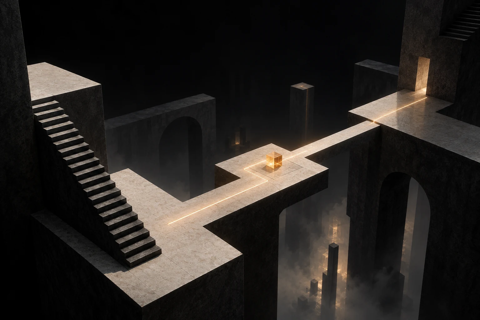 Concept artwork: sculptural puzzle platforms and a small amber cube suspended in darkness