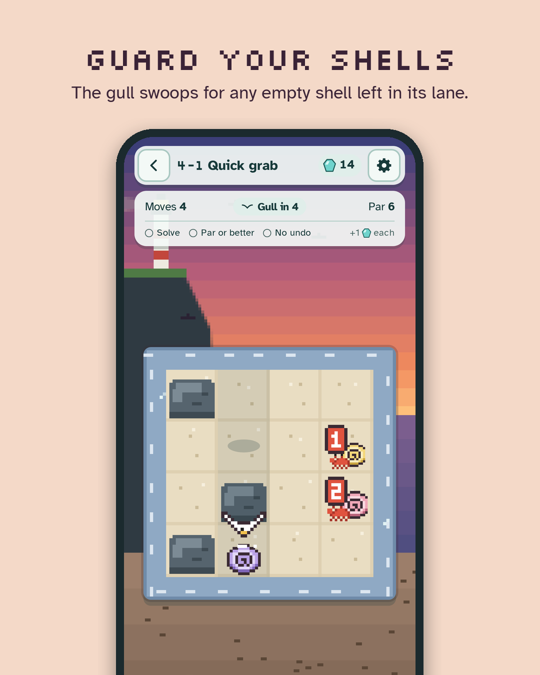 Guard your shells: a sunset puzzle board with a shell-stealing gull.