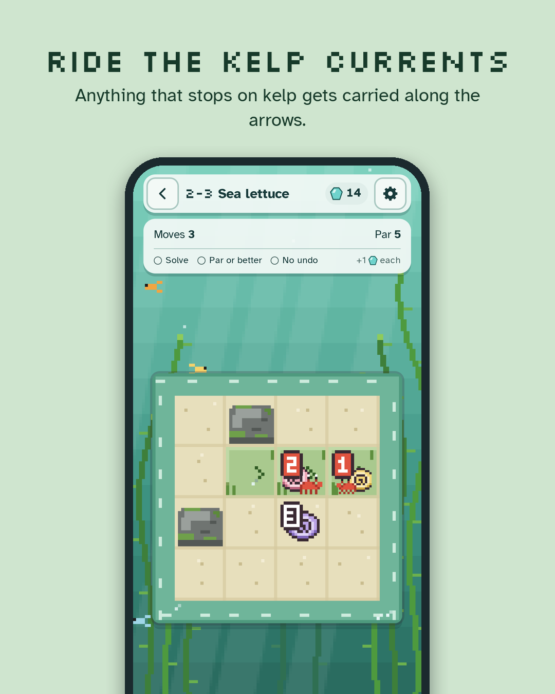 Ride the kelp currents: a green coastal puzzle with current arrows on the board.