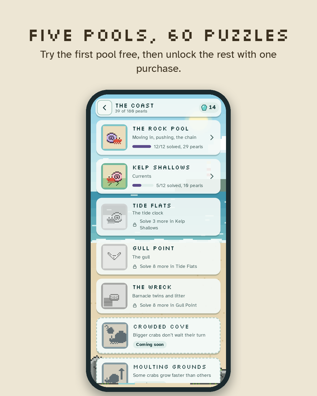 Moving Day's coast map lists the five pools and 60 puzzles, with the Rock Pool at the start.