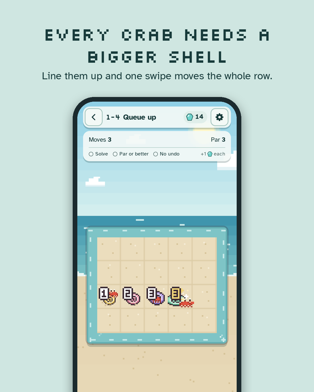 Every crab needs a bigger shell: Moving Day running on a phone, showing four crabs on a sandy puzzle board.