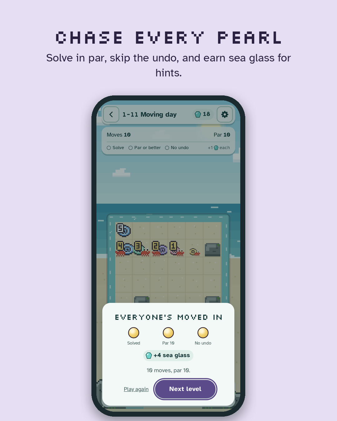 Chase every pearl: a completed level shows the Everybody's moved in reward screen, pearls and sea glass earned.
