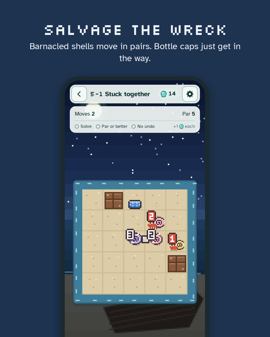 Salvage the wreck: a night-time puzzle with paired barnacled shells and bottle caps.