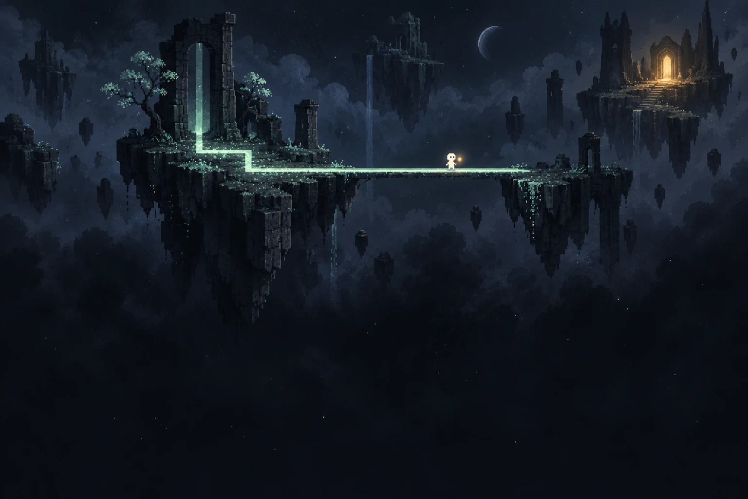 Mote crossing a luminous bridge between floating islands