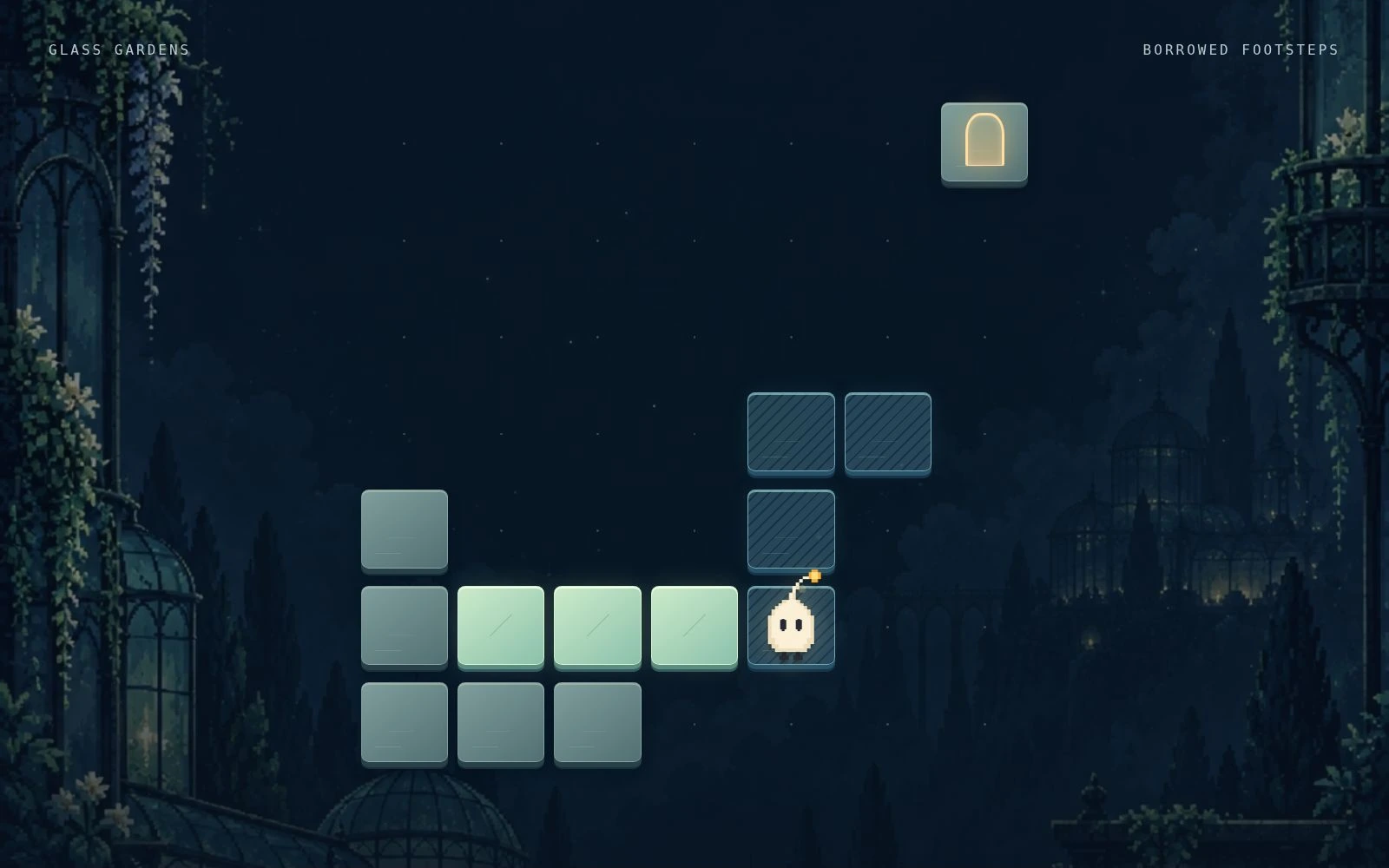 Afterstep gameplay in Glass Gardens, with translucent glass tiles between floating stone islands