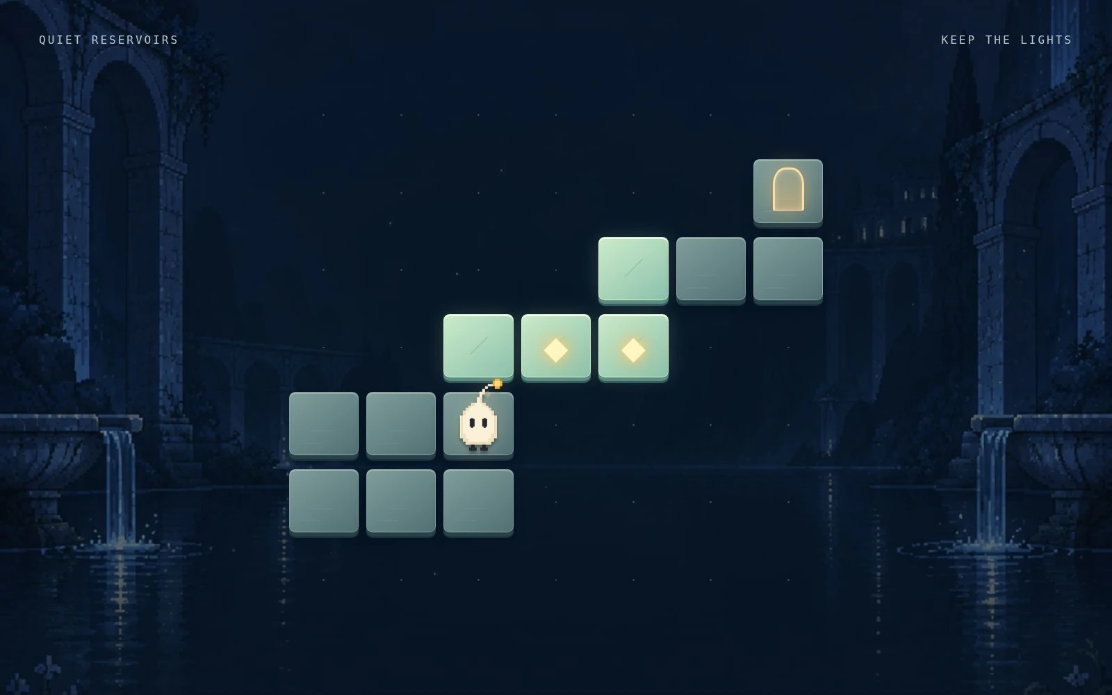 Afterstep gameplay in Quiet Reservoirs, where lanterns illuminate the route between islands