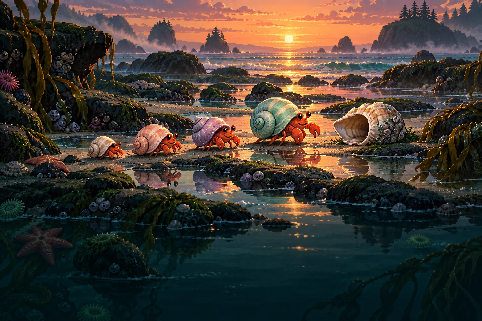 Hermit crabs at a glowing coastal tide pool at dusk