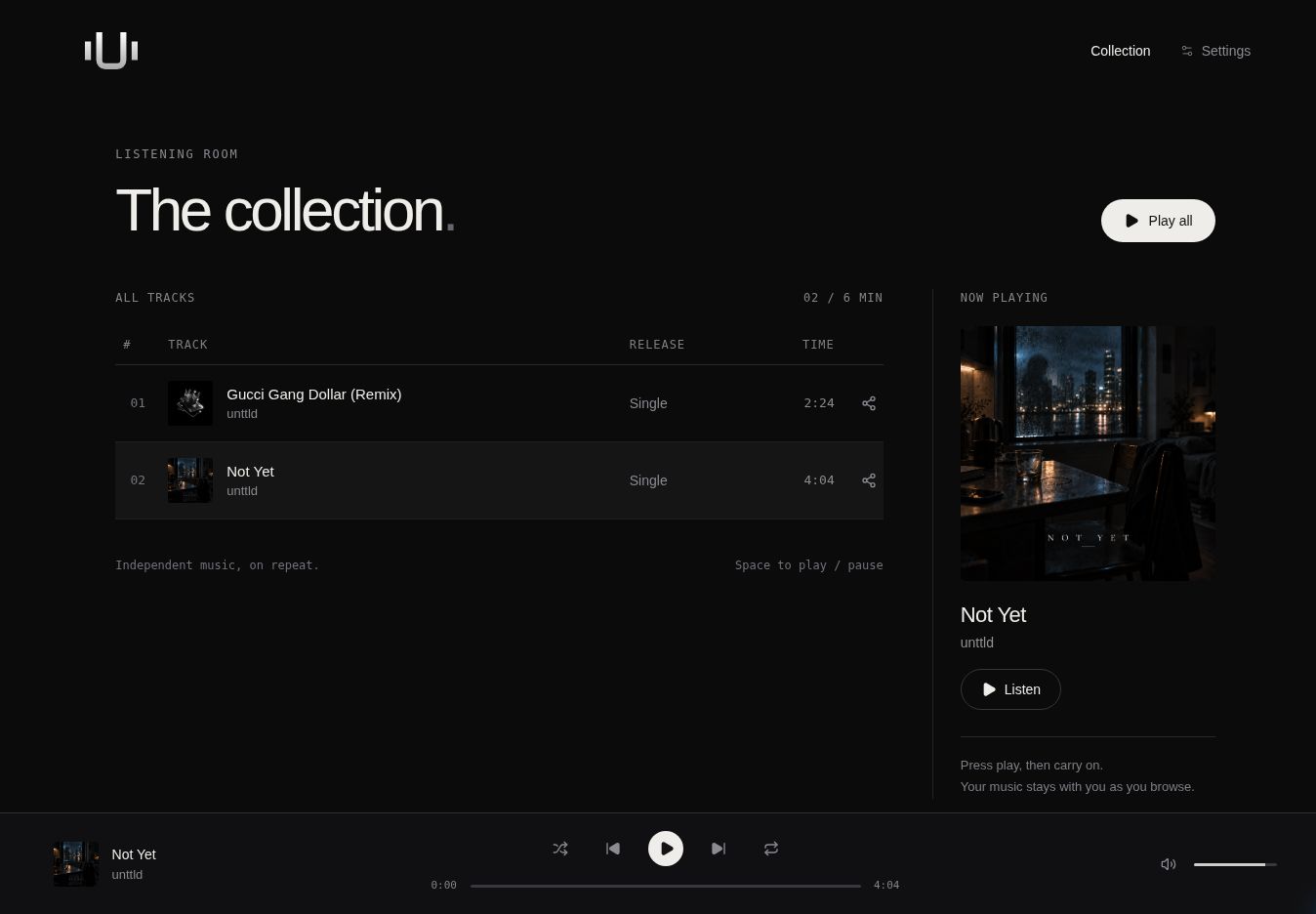 The live unttld music collection with two releases, cover artwork and a persistent player with Not Yet selected