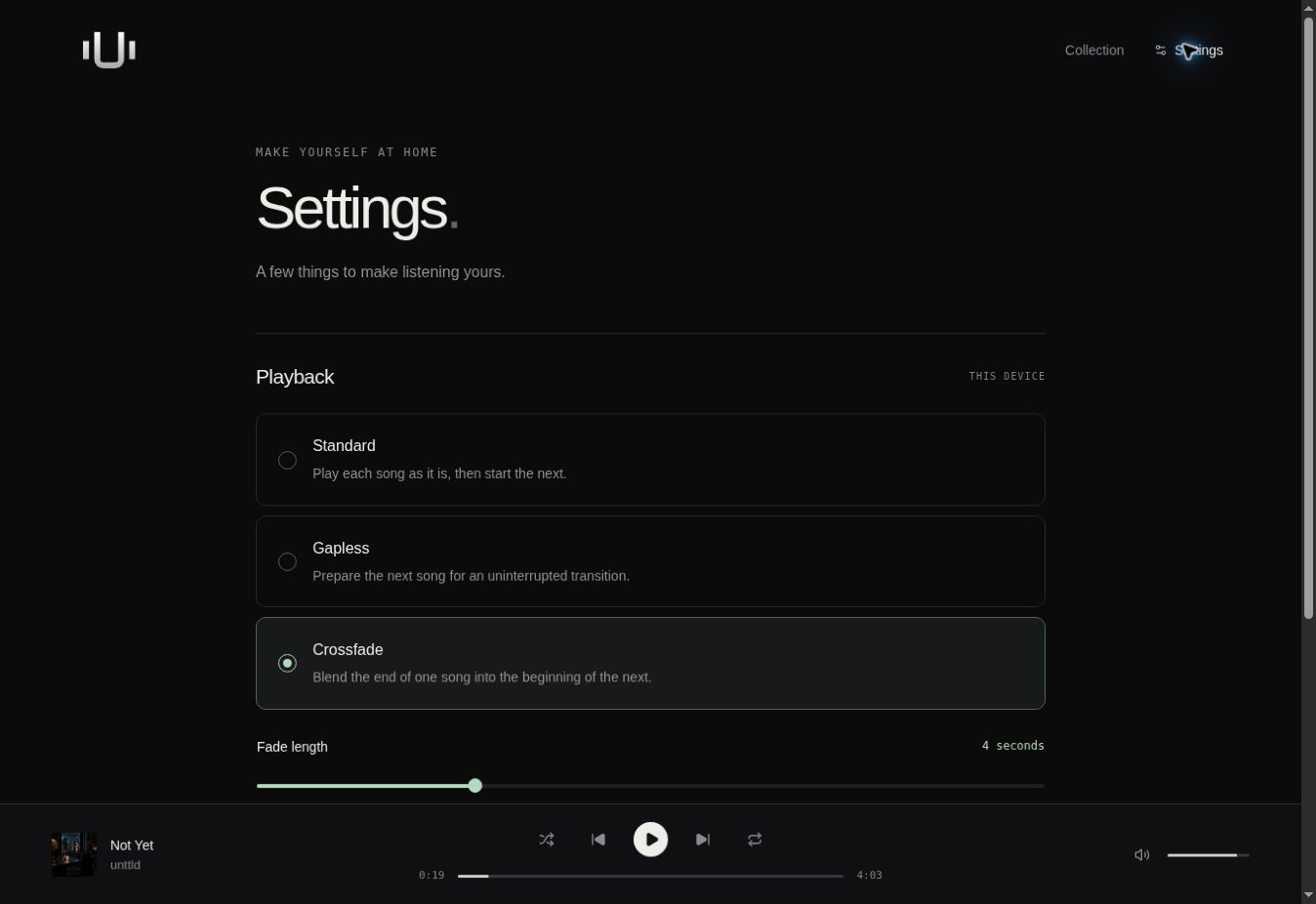 unttld playback settings showing standard, gapless and crossfade options with a fade length slider